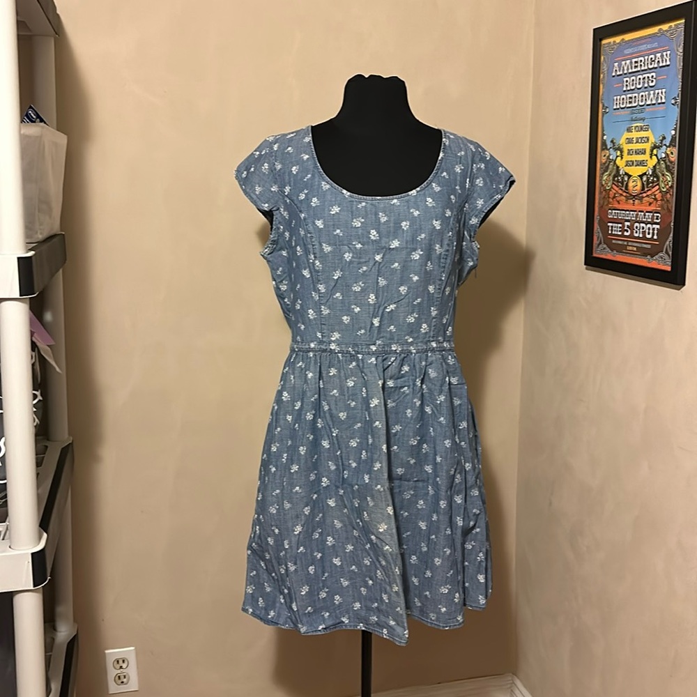 Print Chambray Cap Sleeve Dress